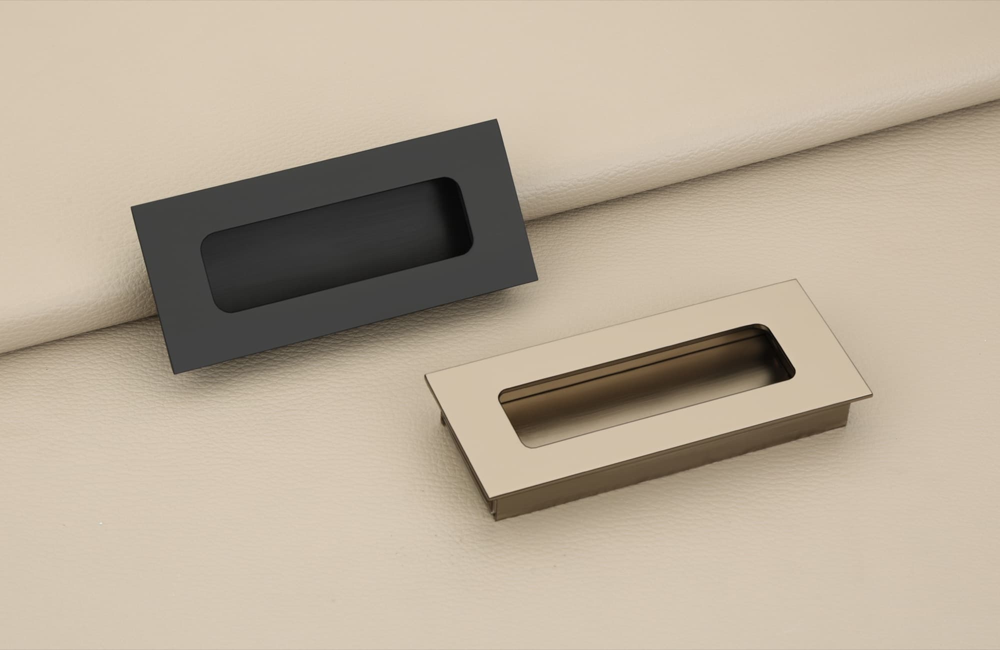 Trustyle rectangular flush cabinet pulls in matte black and champagne